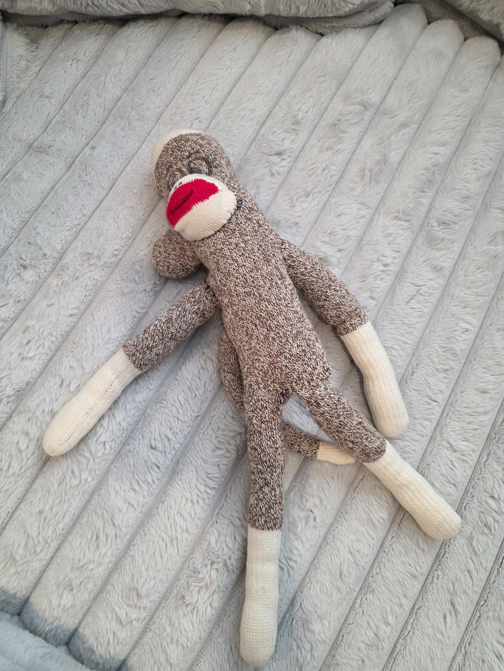 Plush Sock Monkey Toy - Brown and Cream with Red Mouth